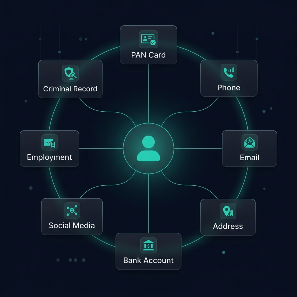 Person intelligence network showing connections between identity, phone, email, social profiles, bank accounts, and vehicles